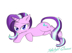 Size: 1750x1280 | Tagged: safe, artist:whitelie, starlight glimmer, pony, unicorn, female, looking at you, lying down, simple background, smiling, solo, transparent background