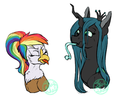 Size: 1024x807 | Tagged: safe, artist:farewelldecency, queen chrysalis, oc, oc:rainbow feather, changeling, changeling queen, griffon, interspecies offspring, magical lesbian spawn, offspring, parent:gilda, parent:rainbow dash, parents:gildash, tongue out