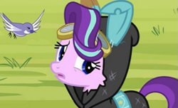 Size: 585x355 | Tagged: safe, artist:hearthswarming, edit, edited screencap, screencap, starlight glimmer, bird, pony, unicorn, bunny ears, clothes, costume, dangerous mission outfit, female, goggles, hoodie, manip, mare, solo, songbird