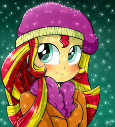 Size: 960x1056 | Tagged: safe, artist:riouku, sunset shimmer, equestria girls, blushing, clothes, cute, hat, scarf, shimmerbetes, smiling, snow, snowfall, solo, when she smiles