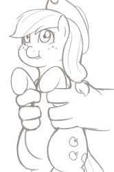 Size: 664x1000 | Tagged: safe, artist:redintravenous, applejack, human, pony, hand, monochrome