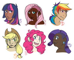 Size: 1600x1284 | Tagged: safe, artist:collaredginger, derpibooru import, applejack, fluttershy, pinkie pie, rainbow dash, rarity, twilight sparkle, human, dark skin, diversity, humanized, mane six, why meph why