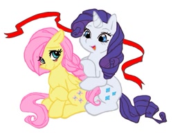 Size: 599x461 | Tagged: safe, fluttershy, rarity, pegasus, pony, unicorn, alternate hairstyle, braid, ribbon