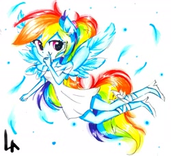 Size: 2243x2045 | Tagged: safe, artist:liaaqila, derpibooru import, rainbow dash, angel, equestria girls, clothes, dress, fairy, female, looking at you, mischief, ponied up, simple background, smiling, smirk, solo, traditional art, white background, winged humanization, wings