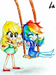 Size: 1121x1492 | Tagged: safe, artist:liaaqila, derpibooru import, applejack, rainbow dash, equestria girls, appledash, duo, female, lesbian, looking back, shipping, swing, traditional art, younger