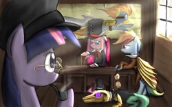 Size: 1600x1000 | Tagged: safe, artist:colorsymphony, derpibooru import, gummy, pinkie pie, rainbow dash, spitfire, twilight sparkle, earth pony, pegasus, pony, bipedal, clothes, glasses, goggles, hat, pinkamena diane pie, pipe, smoking, steampunk