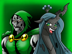 Size: 600x450 | Tagged: safe, artist:darklamprey, queen chrysalis, changeling, changeling queen, antagonist, crossover, doctor doom, green background, simple background