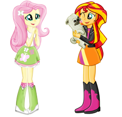 Size: 1328x1281 | Tagged: safe, artist:majkashinoda626, fluttershy, sunset shimmer, dog, equestria girls, clothes, cute, licking, pug, simple background, skirt, tanktop, transparent background, vector