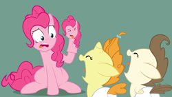 Size: 3022x1700 | Tagged: safe, artist:acstlu, pinkie pie, pound cake, pumpkin cake, earth pony, pegasus, pony, unicorn, crying, hand puppet, parody, puppet, rock-a-bye bivalve, spongebob squarepants