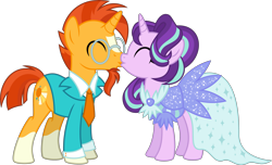 Size: 5063x3076 | Tagged: safe, artist:osipush, starlight glimmer, sunburst, pony, unicorn, absurd resolution, clothes, commission, dress, eyes closed, female, flash puppet, formal wear, glasses, kissing, male, mare, marriage, necktie, shipping, stallion, starburst, straight, suit, wedding, wedding dress