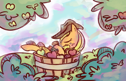 Size: 1244x796 | Tagged: safe, artist:dem-d3m, applejack, earth pony, pony, apple, bucket, on back, orchard, sleeping