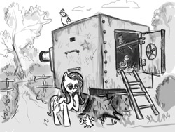 Size: 1024x768 | Tagged: safe, artist:agm, fluttershy, chicken, pegasus, pony, bygone civilization, kv-2, tank (vehicle)