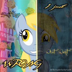 Size: 894x894 | Tagged: safe, artist:mrbarrz, derpy hooves, crying, i just don't know what went wrong, muffin, text, two sided posters, two sides