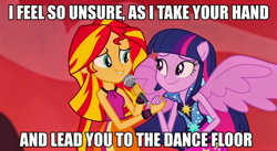 Size: 1000x546 | Tagged: safe, screencap, sunset shimmer, twilight sparkle, twilight sparkle (alicorn), alicorn, equestria girls, rainbow rocks, careless whisper (song), image macro, meme, ponied up, song in the comments, song reference