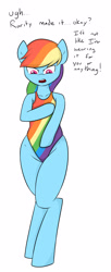 Size: 1531x3748 | Tagged: safe, artist:nero9, derpibooru import, rainbow dash, pegasus, pony, semi-anthro, bipedal, clothes, embarrassed, female, hips, mare, one-piece swimsuit, rainbow swimsuit, simple background, solo, striped swimsuit, swimsuit, tsunderainbow, tsundere, white background