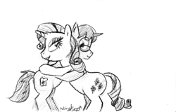 Size: 853x547 | Tagged: safe, artist:wingbeatpony, rarity, oc, oc:burnt-toaster, pony, unicorn, hug, monochrome