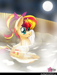 Size: 700x932 | Tagged: safe, artist:clouddg, sunset shimmer, pony, alternate hairstyle, bow, female, full moon, hair bow, hot springs, looking at you, moon, night, signature, solo, towel, water