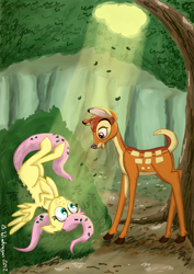 Size: 818x1158 | Tagged: safe, artist:bibliodragon, fluttershy, deer, pegasus, pony, bambi, crash landing, crossover, cute, disney, fawn, female, male