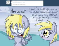 Size: 996x771 | Tagged: safe, artist:extradan, derpy hooves, oc, oc:jerky hooves, pegasus, pony, female, mare, tumblr