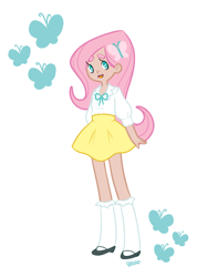 Size: 496x696 | Tagged: safe, artist:breadpuddi, fluttershy, human, breasts, clothes, delicious flat chest, flattershy, humanized, simple background, skirt, solo, white background