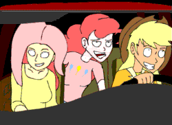 Size: 519x377 | Tagged: safe, artist:xevnest, applejack, fluttershy, pinkie pie, human, animated, car, driving, frame by frame, gif, grin, headbob, humanized, night at the roxbury, smiling, trio, what is love