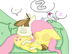 Size: 795x598 | Tagged: safe, artist:the weaver, angel bunny, featherweight, fluttershy, pegasus, pony, cute, simple background, sleeping, white background, z