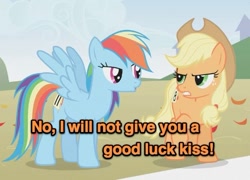 Size: 527x379 | Tagged: safe, edit, edited screencap, screencap, applejack, rainbow dash, earth pony, pegasus, pony, fall weather friends, appledash, cropped, image macro, race, shipping, shipping denied