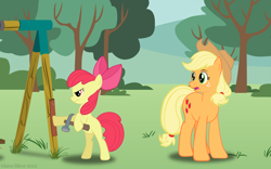 Size: 2400x1500 | Tagged: safe, artist:glaive-silver, apple bloom, applejack, earth pony, pony, angry, bipedal, bipedal leaning, bush, dexterous hooves, frown, hammer, swing