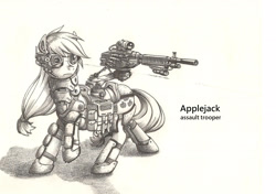 Size: 2480x1748 | Tagged: safe, artist:george5408, applejack, earth pony, pony, armor, gun, monochrome, weapon