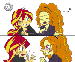 Size: 651x536 | Tagged: safe, artist:baekgup edits, edit, adagio dazzle, sunset shimmer, equestria girls, angry, blushing, colored, comic, crying, singing, sweat