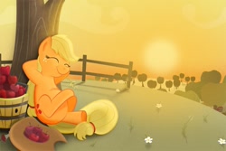 Size: 1105x738 | Tagged: safe, artist:axian-art, applejack, earth pony, pony, apple, happy, smiling