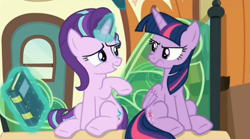 Size: 1671x926 | Tagged: safe, screencap, starlight glimmer, twilight sparkle, twilight sparkle (alicorn), alicorn, pony, the times they are a changeling, annoyed, duo, duo female, female, twilight is not amused, unamused