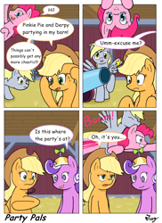 Size: 1200x1650 | Tagged: safe, artist:tikyotheenigma, applejack, derpy hooves, pinkie pie, screwball, earth pony, pegasus, pony, background pony, breaking the fourth wall, cannon, comic, female, fourth wall, hat, in which pinkie pie forgets how to gravity, mare, pinkie being pinkie, pinkie physics, propeller hat, swirly eyes