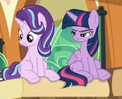 Size: 831x671 | Tagged: safe, screencap, starlight glimmer, twilight sparkle, twilight sparkle (alicorn), alicorn, pony, the times they are a changeling, cropped, eyes on the prize