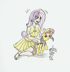 Size: 701x720 | Tagged: safe, artist:faroth, angel bunny, fluttershy, sunset shimmer, human, pony, humanized, traditional art