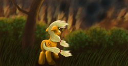 Size: 1651x853 | Tagged: safe, artist:randompinkpie, applejack, earth pony, pony, blonde mane, female, fire, mare, orange coat, solo