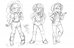 Size: 1800x1160 | Tagged: safe, artist:danmakuman, adagio dazzle, sunset shimmer, twilight sparkle, twilight sparkle (alicorn), alicorn, equestria girls, rainbow rocks, boots, chibi, clothes, costume swap, jacket, monochrome, skirt