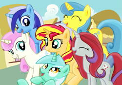 Size: 1321x917 | Tagged: safe, alternate version, artist:majkashinoda626, lemon hearts, lyra heartstrings, minuette, moondancer (g1), sunset shimmer, twinkleshine, pony, equestria girls, g1, alternate mane six, eyes closed, g1 to g4, generation leap, hilarious in hindsight, unicorn master race