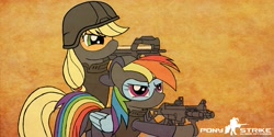 Size: 2880x1440 | Tagged: safe, applejack, rainbow dash, earth pony, pegasus, pony, balaclava, counter-strike, gun, helmet, p90, submachinegun, ump45, weapon