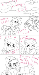 Size: 546x1024 | Tagged: safe, artist:nicte-ha, derpy hooves, fluttershy, rarity, sweetie belle, pegasus, pony, unicorn, comic, female, mare, monochrome