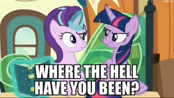 Size: 2531x1427 | Tagged: safe, edit, edited screencap, screencap, starlight glimmer, twilight sparkle, twilight sparkle (alicorn), alicorn, pony, the times they are a changeling, caption, image macro, meme, no-showlight glimmer