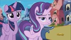 Size: 916x512 | Tagged: safe, screencap, starlight glimmer, twilight sparkle, twilight sparkle (alicorn), alicorn, pony, the times they are a changeling, discovery family logo, unamused