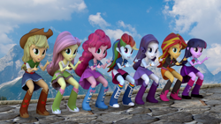 Size: 1920x1080 | Tagged: safe, artist:3d thread, artist:creatorofpony, applejack, fluttershy, pinkie pie, rainbow dash, rarity, sunset shimmer, twilight sparkle, equestria girls, /mlp/, 3d, 3d model, blender, boots, bracelet, clothes, cloud, cloudy, compression shorts, cowboy hat, denim, denim skirt, hat, humane seven, jacket, jewelry, mountain, pointing, pose, shirt, skirt, stetson, stone, wristband