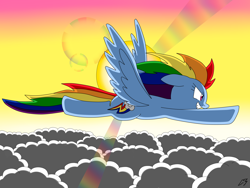 Size: 3264x2448 | Tagged: safe, artist:megaartist923, derpibooru import, rainbow dash, pegasus, pony, backwards cutie mark, cloud, flying, lens flare, rainbow, solo, sunset