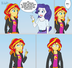 Size: 620x585 | Tagged: safe, artist:kibate, rarity, sunset shimmer, equestria girls, comic, confused, frown, open mouth, pointing, smiling, thinking, wide eyes