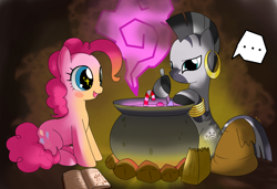 Size: 1520x1040 | Tagged: safe, artist:hoyeechun, pinkie pie, zecora, earth pony, pony, zebra, ..., book, candy, candy cane, cauldron, cooking, duo, eye sparkles, food, pot, wingding eyes