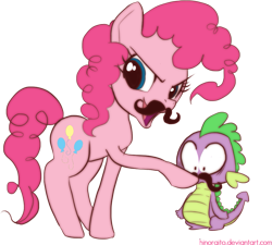 Size: 969x872 | Tagged: safe, artist:hinoraito, pinkie pie, spike, dragon, earth pony, pony, female, male, mare, moustache