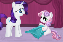 Size: 900x595 | Tagged: safe, artist:flutteryay56, rarity, sweetie belle, pony, unicorn, bandaid, blanket, crying, sewing