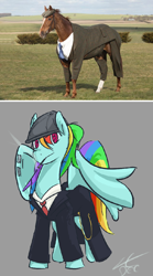 Size: 634x1140 | Tagged: safe, artist:liracrown, derpibooru import, edit, rainbow dash, oc, oc:morestead, horse, pony, cigarette, clothes, comparison, fashion, flat cap, fob watch, funny, hat, hilarious, horse-pony interaction, irl, necktie, newsboy hat, peaky blinders, peaky flyers, photo, rainbow dash always dresses in style, razor blade, reference, sketch, smoking, stranger than fiction, style, suit, trenchcoat, tweed, wat