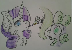 Size: 640x445 | Tagged: safe, artist:artofguillotine, rarity, spike, dragon, pony, unicorn, female, horn, male, mare, smoking